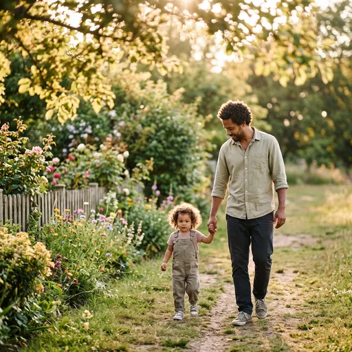 Father and Toddler Walking Along Garden Path