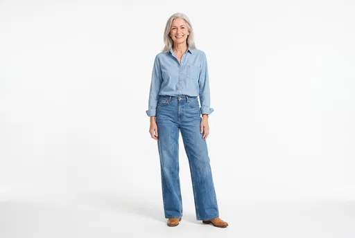 Smiling Mature Woman in Denim on White
