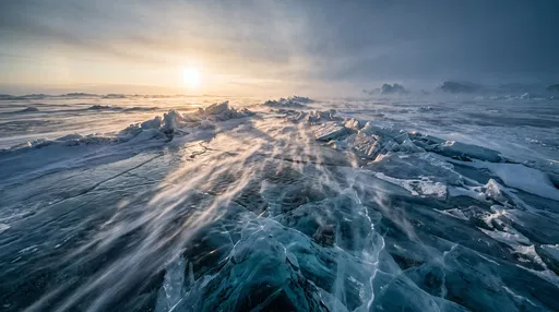 Sunlight Over Frozen Blue Glacial Ice