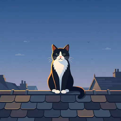 Tuxedo Cat Sitting on Rooftop Illustration