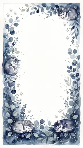 Watercolor Husky Puppy Eucalyptus Border Frame