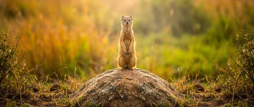 Yellow Mongoose Standing on Savanna Rock