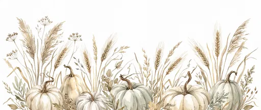 Watercolor White Pumpkins and Wheat Border