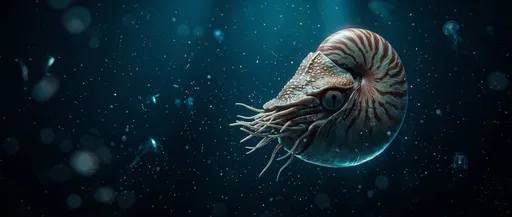 Chambered Nautilus Swimming in Deep Ocean
