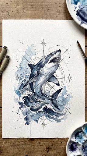 Watercolor Shark and Compass Tattoo Illustration