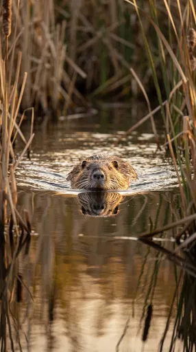 Nutria Swimming Through Golden Reeds