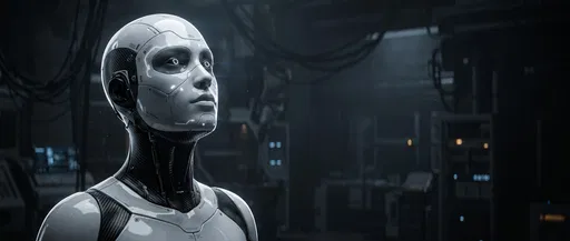 Futuristic White Android in Dark Lab