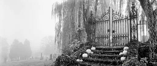 Monochrome Cemetery Gates With White Pumpkins
