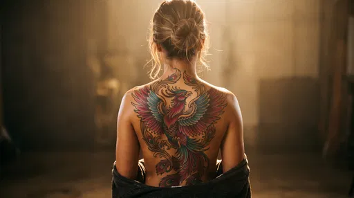 Woman With Neo-Traditional Phoenix Back Tattoo