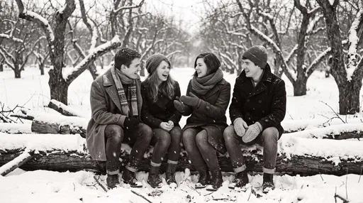 Four Friends Laughing in Snowy Orchard