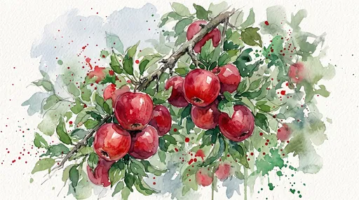 Watercolor Illustration of Red Apples on Branch