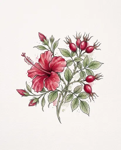 Watercolor Hibiscus and Rosehip Botanical Illustration