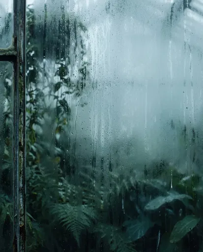 Condensation on Foggy Greenhouse Glass