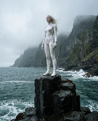 Futuristic Explorer on Basalt Sea Stack