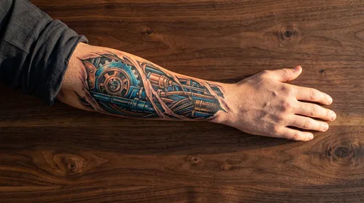 Biomechanical Forearm Tattoo on Wooden Surface