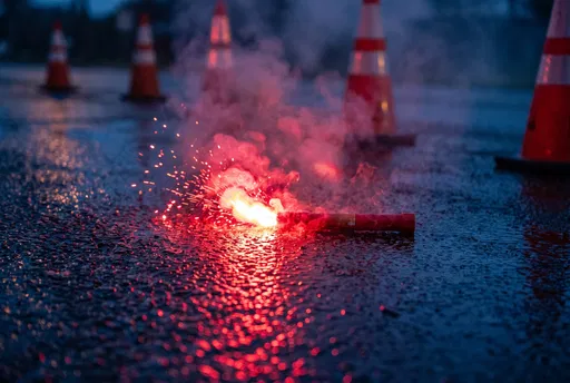 Burning Red Road Flare on Wet Asphalt