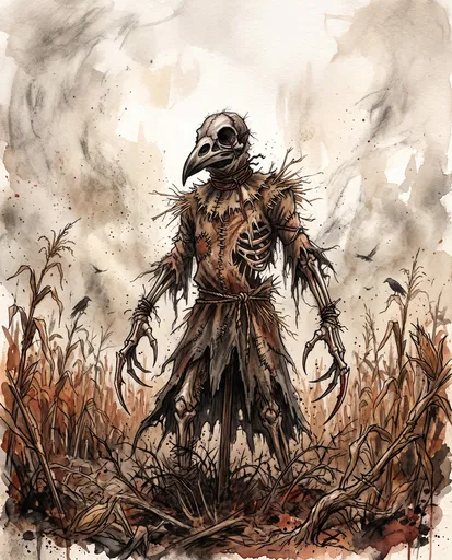 Watercolor Crow Skull Scarecrow Monster Illustration