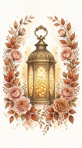 Vintage Lantern With Glowing Hearts and Roses
