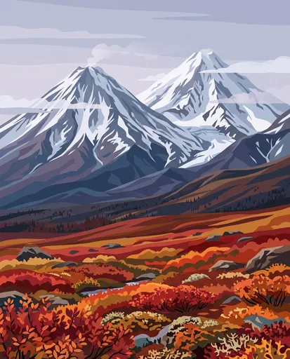 Siberian Volcanic Peaks and Autumn Tundra Illustration