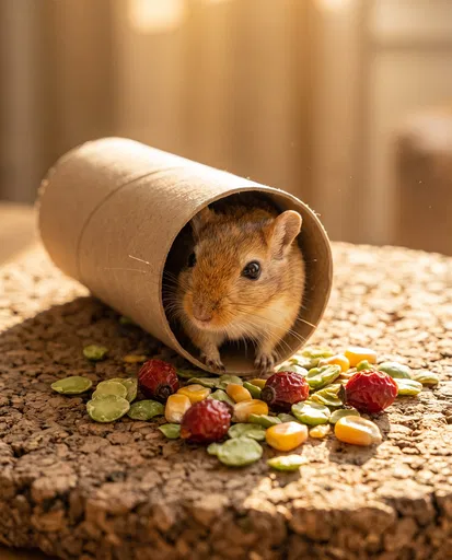 Gerbil Peeking From Cardboard Tube With Treats