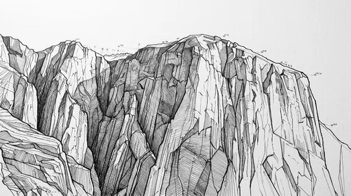Black Ink Architectural Mountain Cliff Drawing