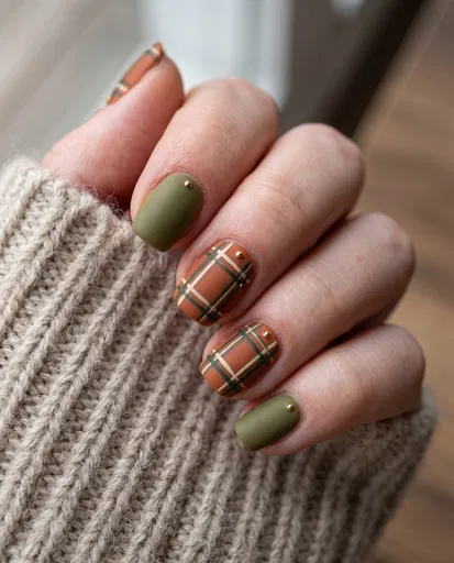 Matte Plaid and Olive Green Manicure
