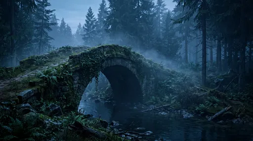 Ancient Mossy Stone Bridge in Misty Forest