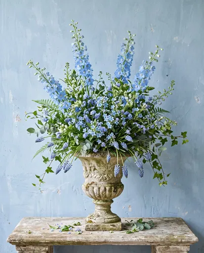 Blue Spring Flowers in Weathered Stone Urn