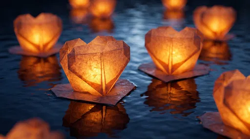 Glowing Origami Heart Lanterns Floating on Water