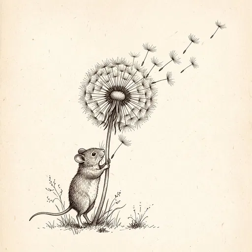 Ink Drawing of Mouse with Dandelion