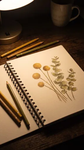 Botanical Sketchbook Under Warm Desk Lamp