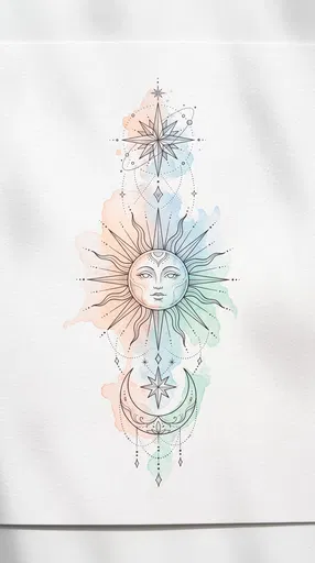 Celestial Sun Moon Watercolor Tattoo Design