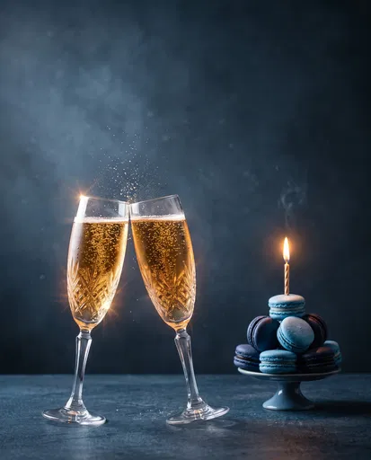 Clinking Champagne Flutes and Blue Macarons