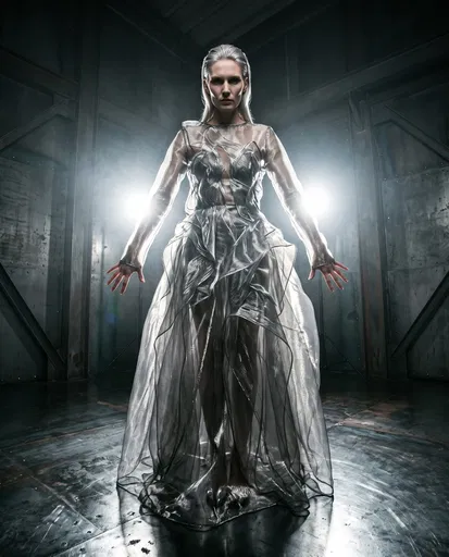 Futuristic Model in Metallic Silver Gown