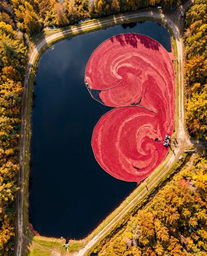 Aerial View of Autumn Cranberry Bog Harvest