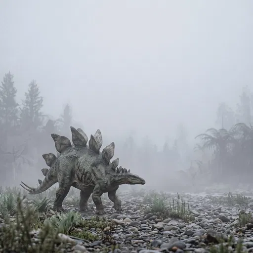 Stegosaurus Walking Through Misty Prehistoric Landscape