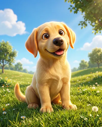 Stylized 3D Yellow Labrador Puppy in Meadow