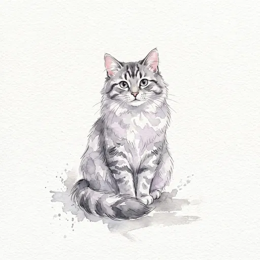 Watercolor Fluffy Gray Tabby Cat Illustration