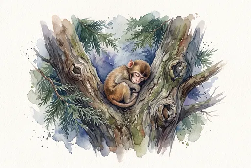 Watercolor Illustration of Sleeping Baby Rhesus Monkey