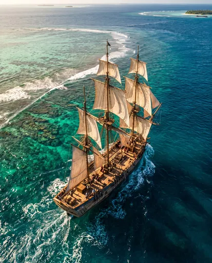 Aerial View of Sailing Ship Near Reef