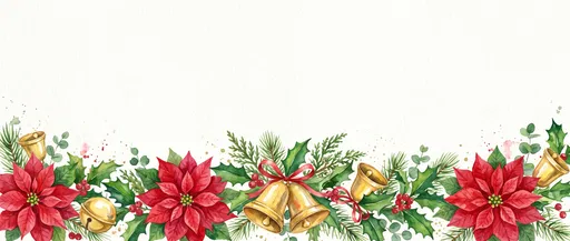 Watercolor Christmas Poinsettia and Bell Garland Border