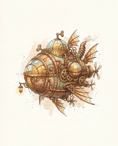 Whimsical Steampunk Clockwork Vessel Watercolor Illustration