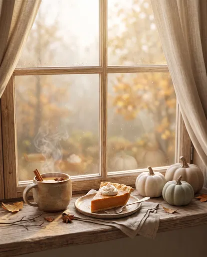 Cozy Autumn Windowsill With Pumpkin Pie
