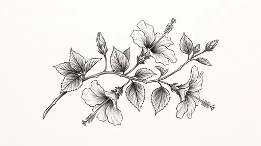 Monochrome Botanical Hibiscus Branch Illustration