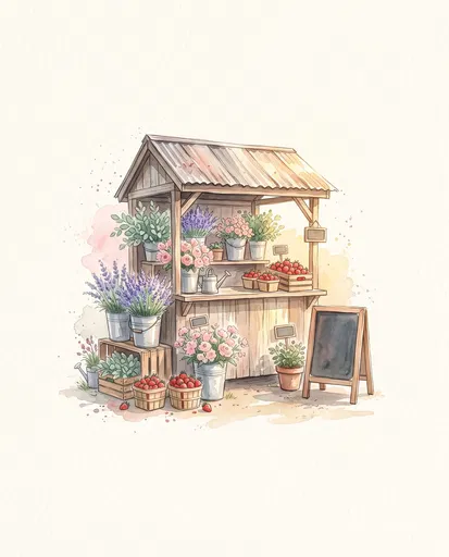 Watercolor Flower and Berry Farm Stand