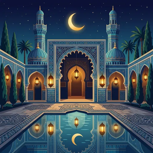 Ornate Islamic Mosque Courtyard at Night