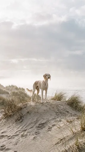 Cream Saluki Standing on Coastal Sand Dune
