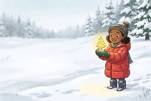 Girl Holding Glowing Sapling in Snow