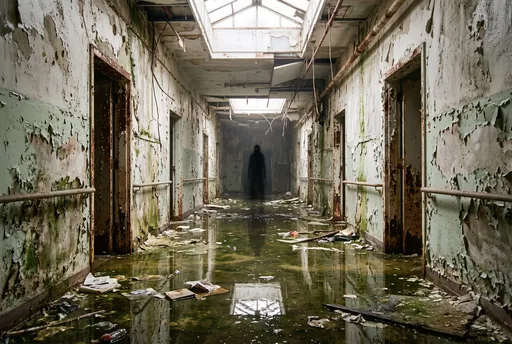 Shadowy Figure in Flooded Abandoned Hospital Corridor