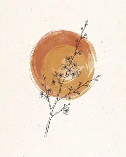 Cherry Blossom Sprig Over Terracotta Sun
